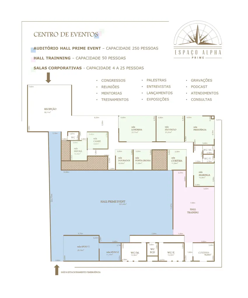Planta completa do Espaço Alpha Prime, com auditório, Hall Training e salas identificadas